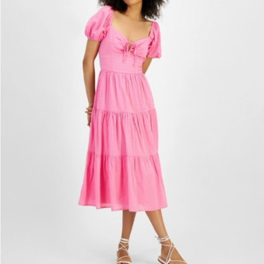 Kingston Grey Textured Puff Sleeve Tiered Front & Back Pink Midi Dress